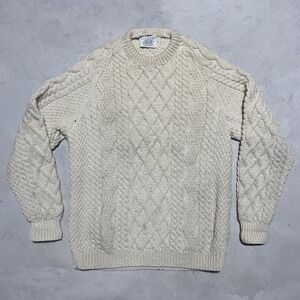 Blarney Woollen Mills Aran Knit Sweater Cream Pure  Wool Ireland Women's SZ M